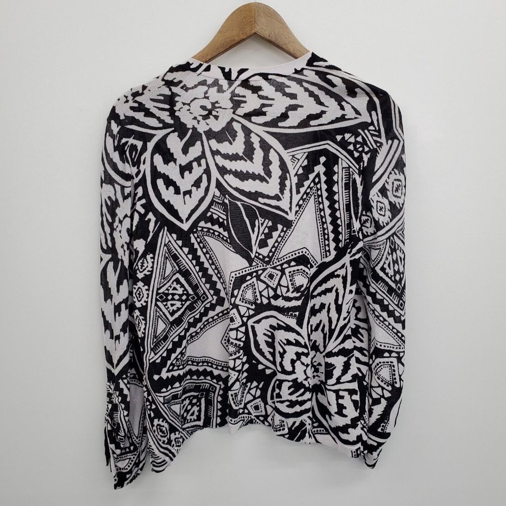 Chico's Womens Black White Open Front Cardigan Sweater Size 2 (L) Ruched Sleeves - Picture 4 of 14